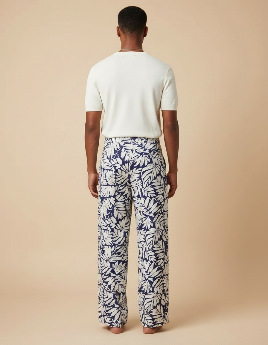 Pantalon Fluide Imprimé Feuillage Bleu Ample Homme - Marine Viscose - vue 2