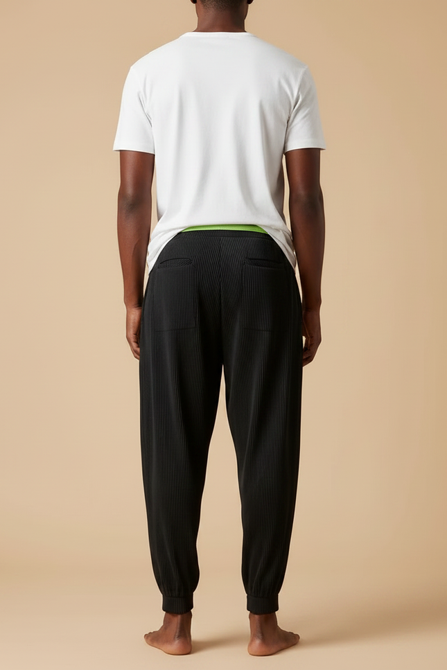 Pantalon Fluide Noir Plissé Ample Cordon Homme - Polyester - vue 2