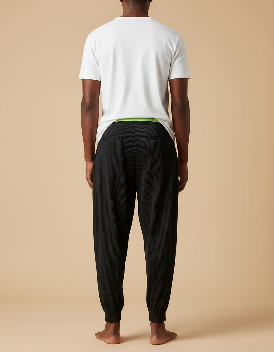 Pantalon Fluide Noir Plissé Ample Cordon Homme - Polyester - vue 2