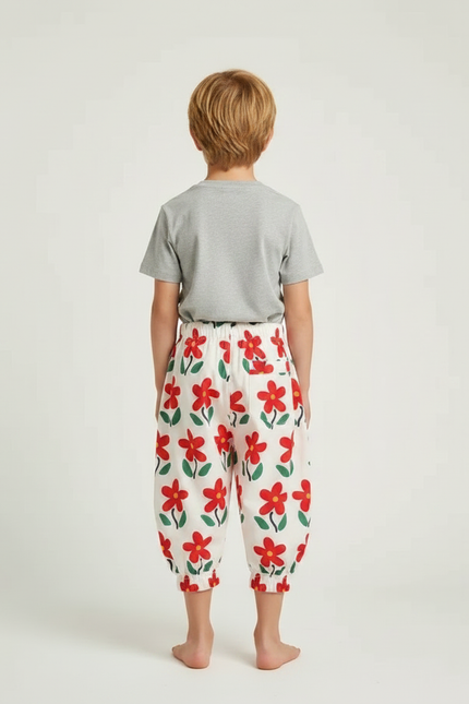 Pantalon Fluide Blanc Floral Rouge Ample Enfant - Imprimé Coton - vue 2