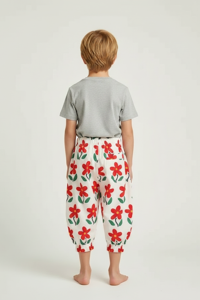 Pantalon Fluide Blanc Floral Rouge Ample Enfant - Imprimé Coton - vue 2