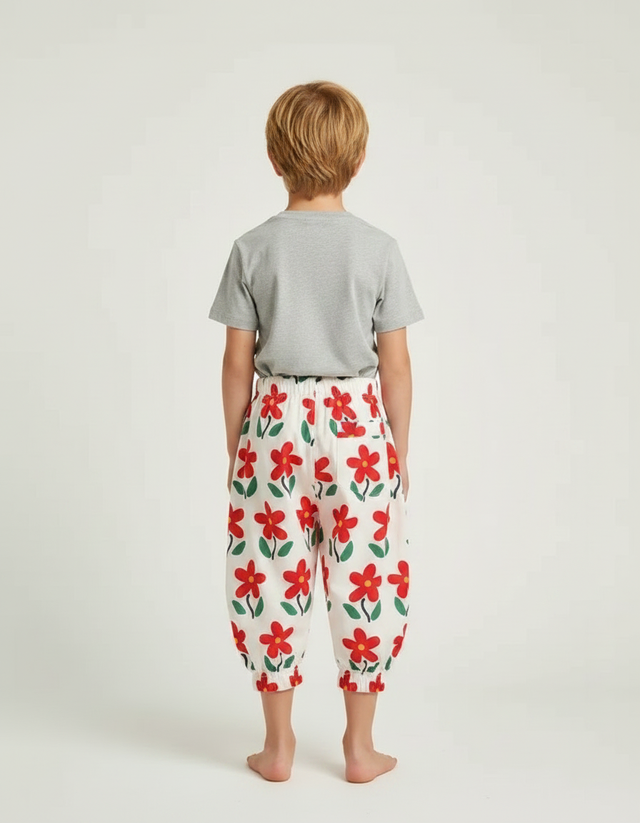 Pantalon Fluide Blanc Floral Rouge Ample Enfant - Imprimé Coton - vue 2