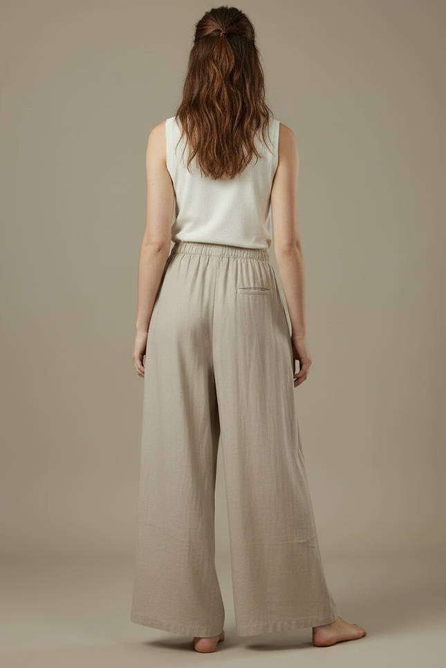 Pantalon Fluide Beige Large Coton Lin Décontracté - vue 2