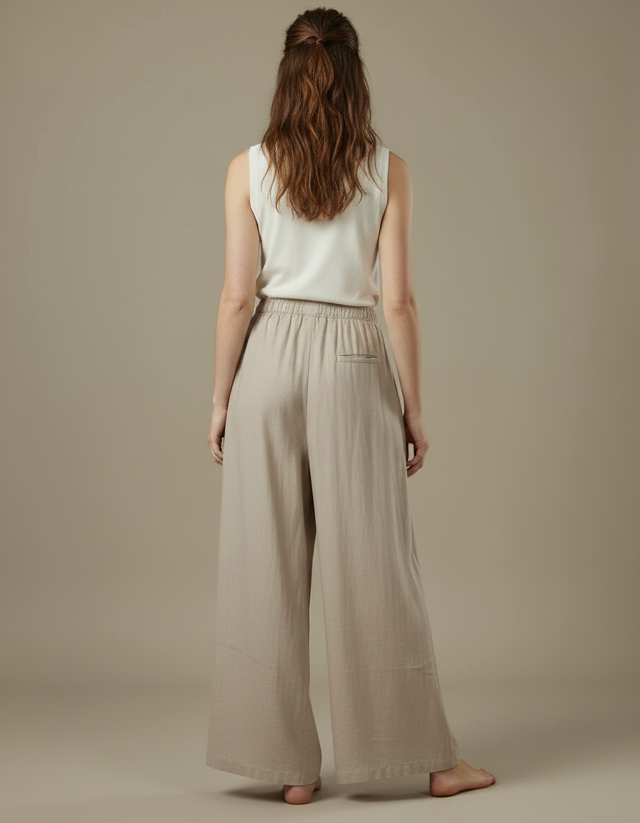 Pantalon Fluide Beige Large Coton Lin Décontracté - vue 2