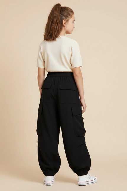 Pantalon Fluide Noir Ample Cargo Élastiqué Fille - Polyester - vue 2