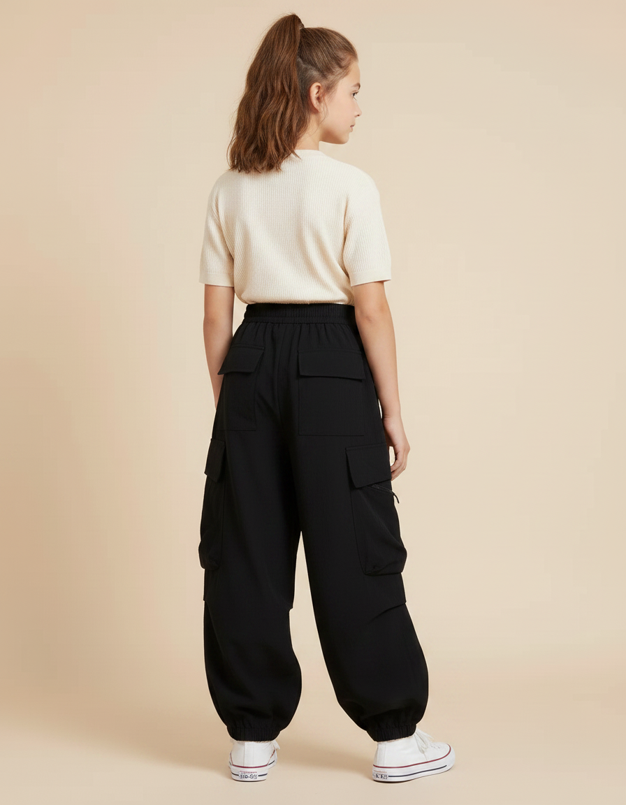 Pantalon Fluide Noir Ample Cargo Élastiqué Fille - Polyester - vue 2
