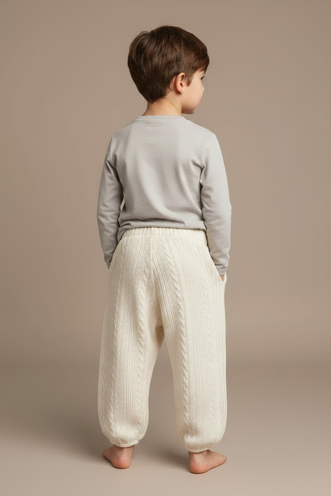 Pantalon Fluide Écru Tricoté Câblé Confortable Enfant - Beige Maille - vue 2