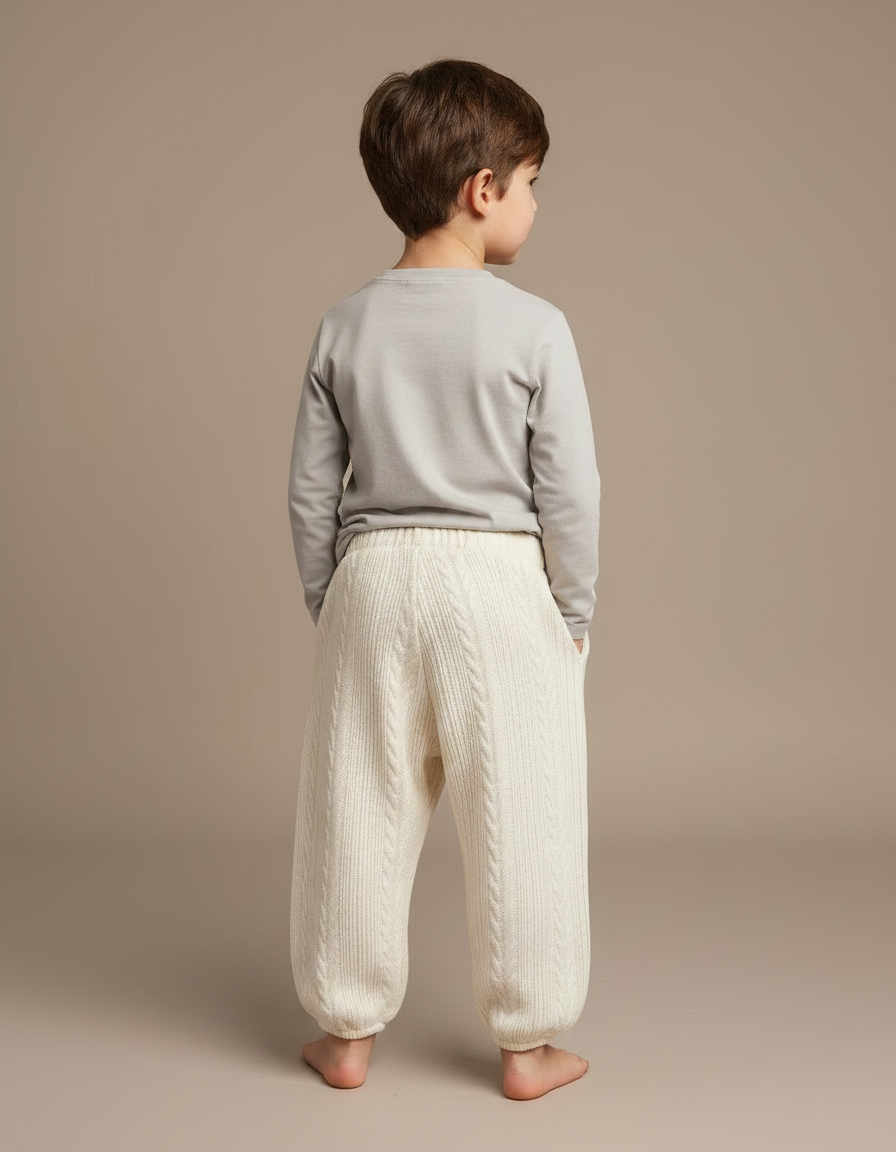 Pantalon Fluide Écru Tricoté Câblé Confortable Enfant - Beige Maille - vue 2