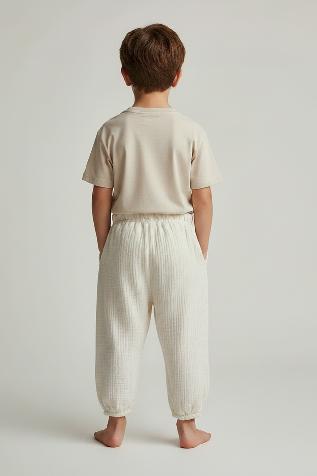 Pantalon Fluide Écru Coton Ample Décontracté Unisexe - Beige - vue 2