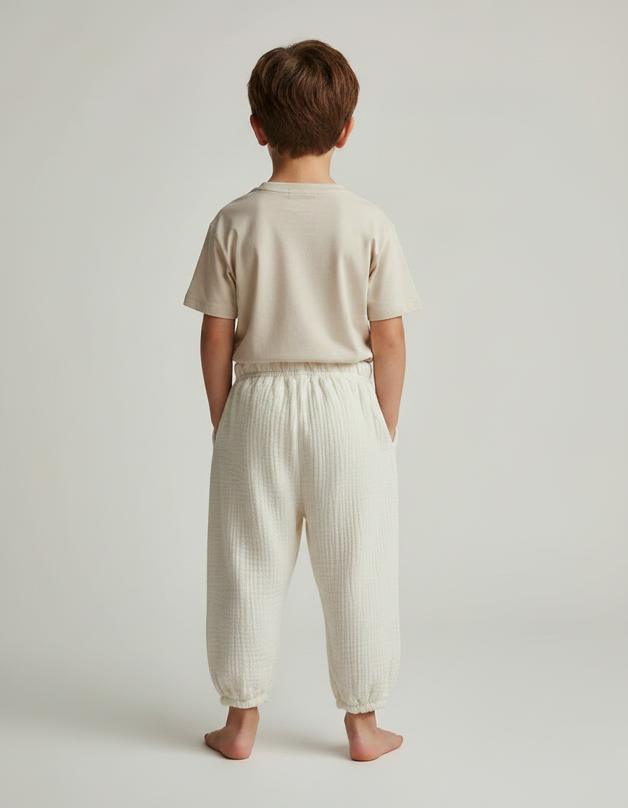 Pantalon Fluide Écru Coton Ample Décontracté Unisexe - Beige - vue 2