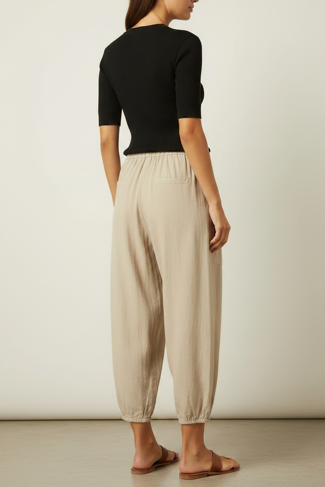 Pantalon Fluide Beige Coton Lin Ample Boutonné - vue 2