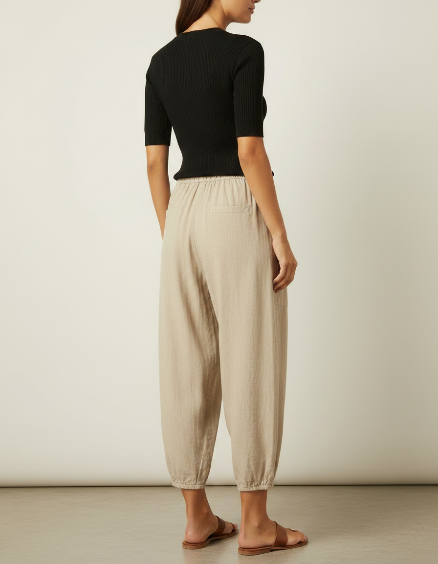 Pantalon Fluide Beige Coton Lin Ample Boutonné - vue 2