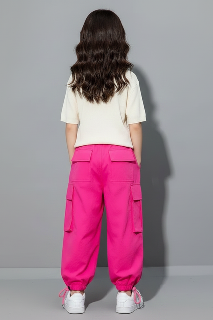 Pantalon Fluide Cargo Fushia Ample Streetwear Fille - Rose Polyester - vue 2
