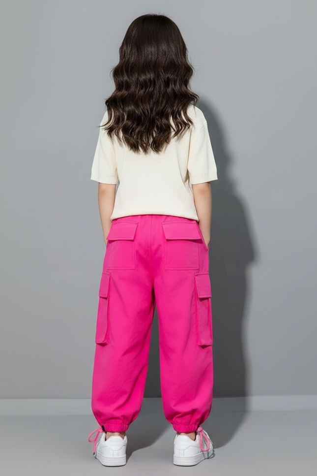 Pantalon Fluide Cargo Fushia Ample Streetwear Fille - Rose Polyester - vue 2