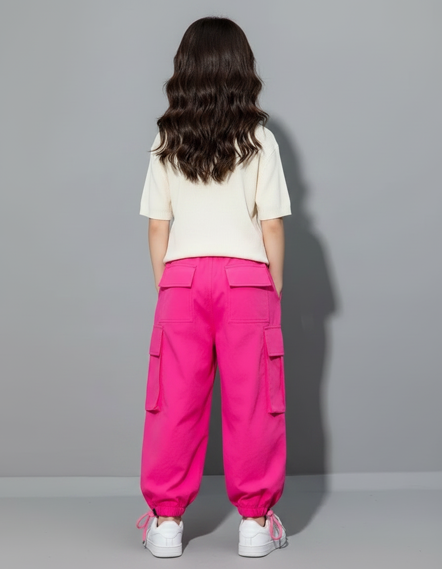 Pantalon Fluide Cargo Fushia Ample Streetwear Fille - Rose Polyester - vue 2
