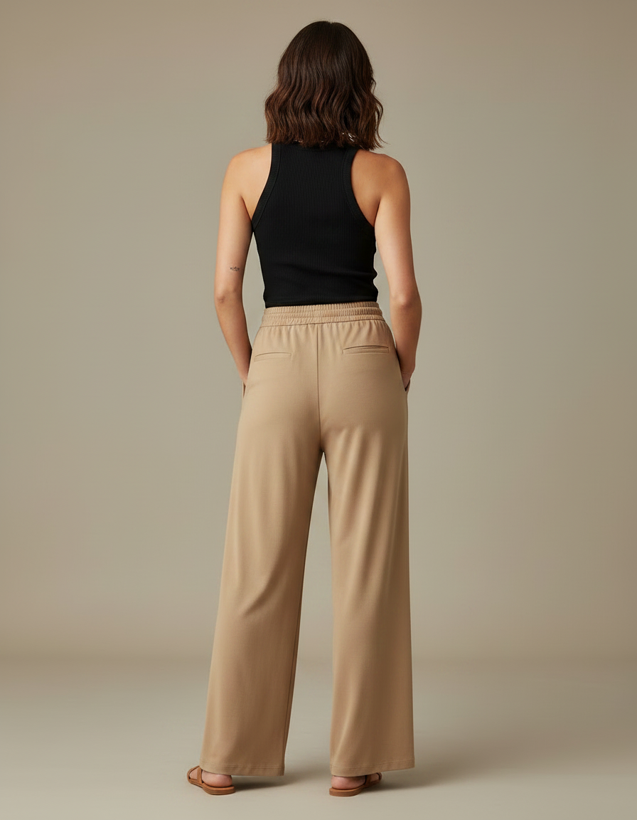Pantalon Fluide Beige Large Confortable Cordon Plissé - Viscose - vue 2
