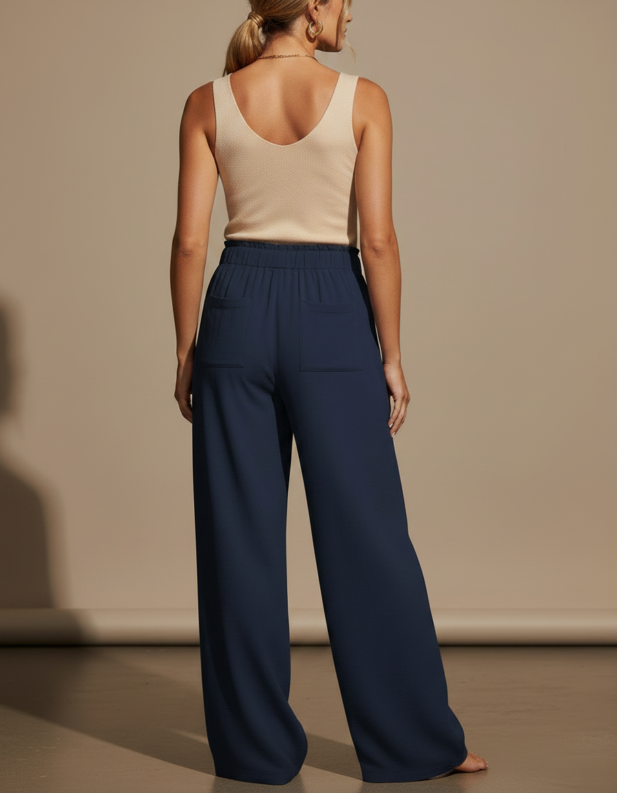 Pantalon Fluide Bleu Marine Ample Taille Haute Décontracté - Viscose - vue 2