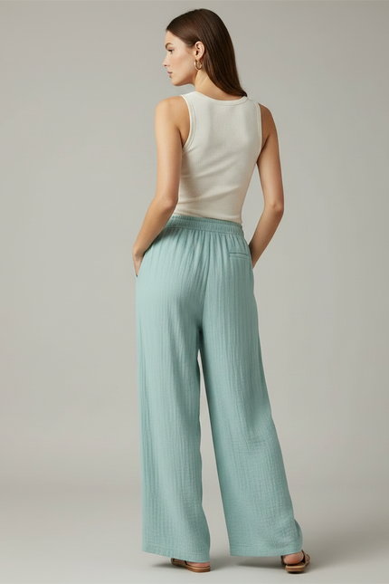 Pantalon Fluide Vert Ample Coton Texturé Décontracté - vue 2