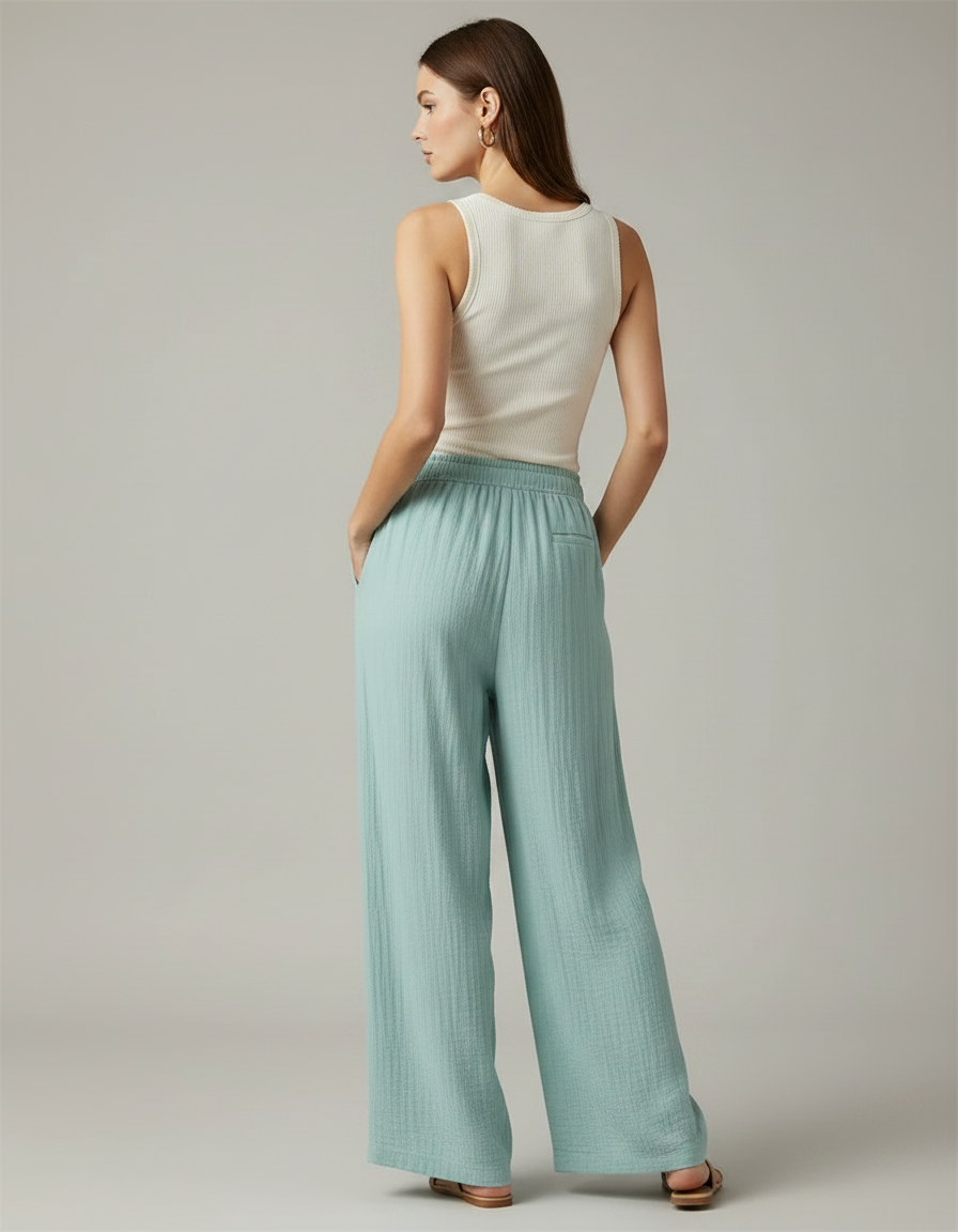 Pantalon Fluide Vert Ample Coton Texturé Décontracté - vue 2