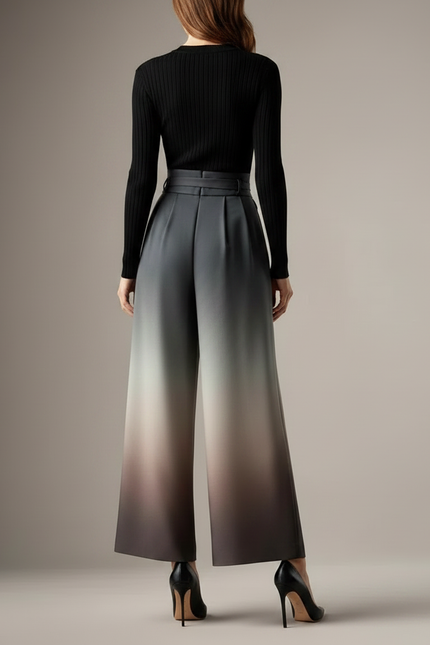 Pantalon Fluide Évasé Dégradé Ceinturé Élégant Femme - Gris Polyester - vue 2