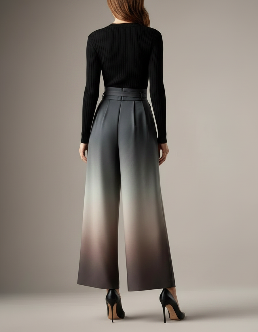 Pantalon Fluide Évasé Dégradé Ceinturé Élégant Femme - Gris Polyester - vue 2