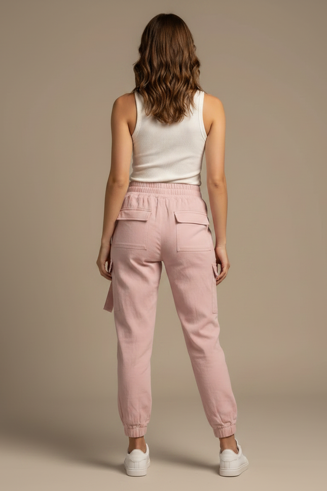 Pantalon Fluide Rose Cargo Bretelles Taille Haute Décontracté - Coton - vue 2
