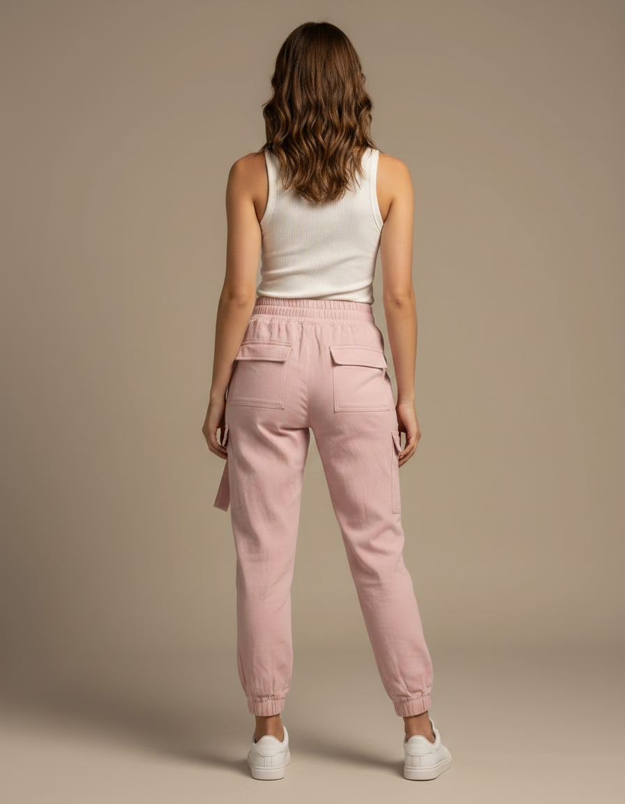 Pantalon Fluide Rose Cargo Bretelles Taille Haute Décontracté - Coton - vue 2