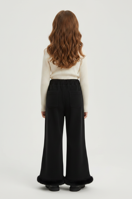 Pantalon Fluide Noir Côtelé Évasé Fourrure Fille - Cordé - vue 2