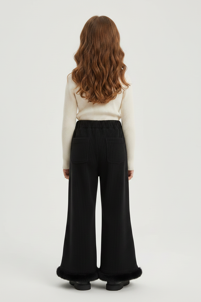 Pantalon Fluide Noir Côtelé Évasé Fourrure Fille - Cordé - vue 2
