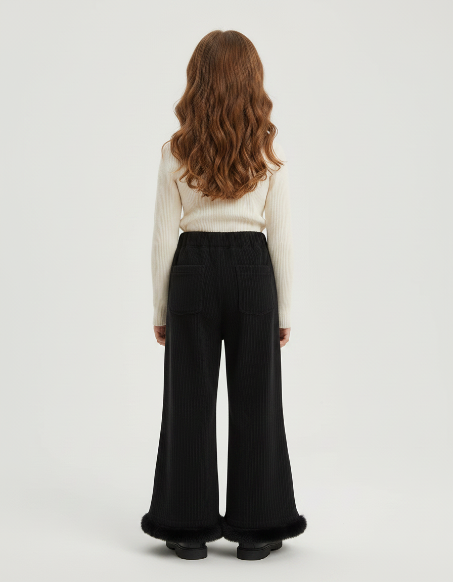 Pantalon Fluide Noir Côtelé Évasé Fourrure Fille - Cordé - vue 2