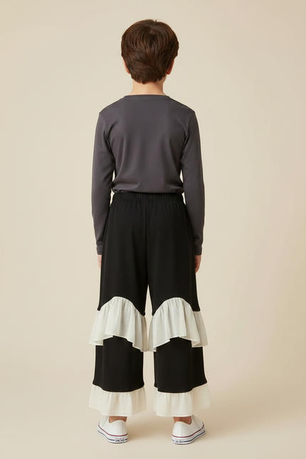 Pantalon Fluide Noir Volants Écru Ample Enfant - Viscose - vue 2
