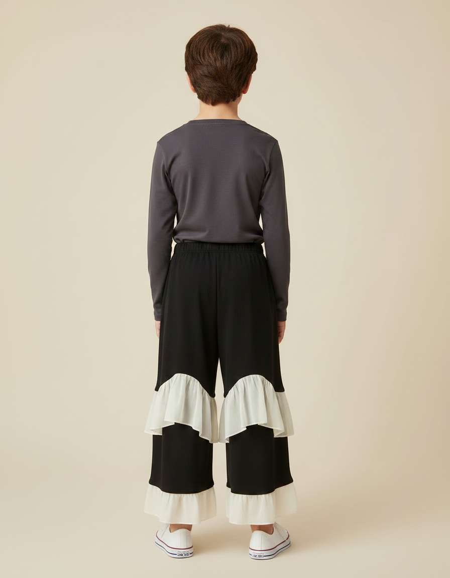 Pantalon Fluide Noir Volants Écru Ample Enfant - Viscose - vue 2