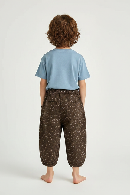Pantalon Fluide Marron Fleuri Ample Coton Enfant - vue 2