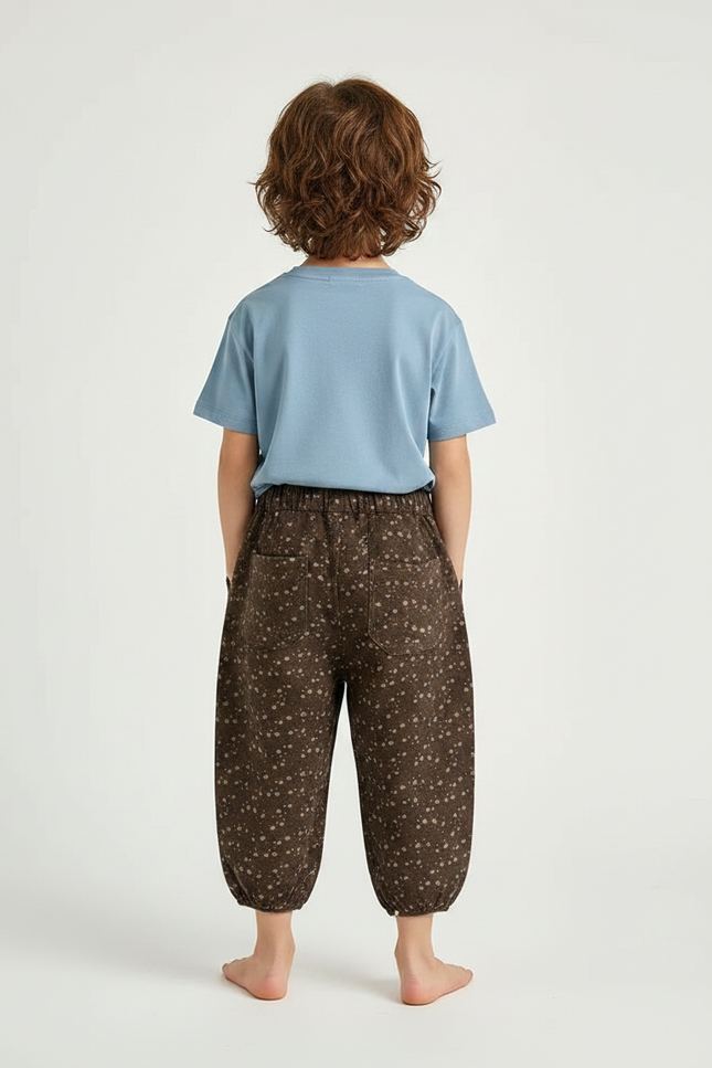 Pantalon Fluide Marron Fleuri Ample Coton Enfant - vue 2
