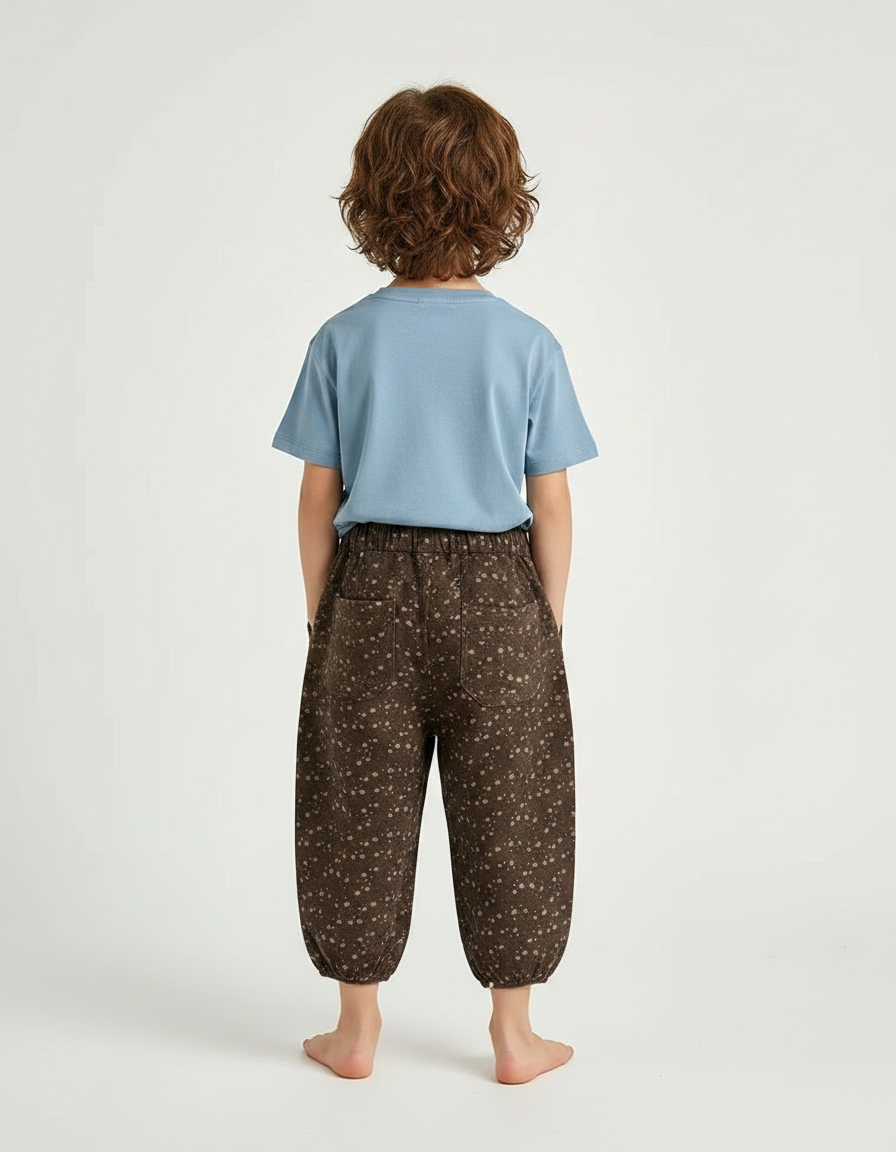 Pantalon Fluide Marron Fleuri Ample Coton Enfant - vue 2
