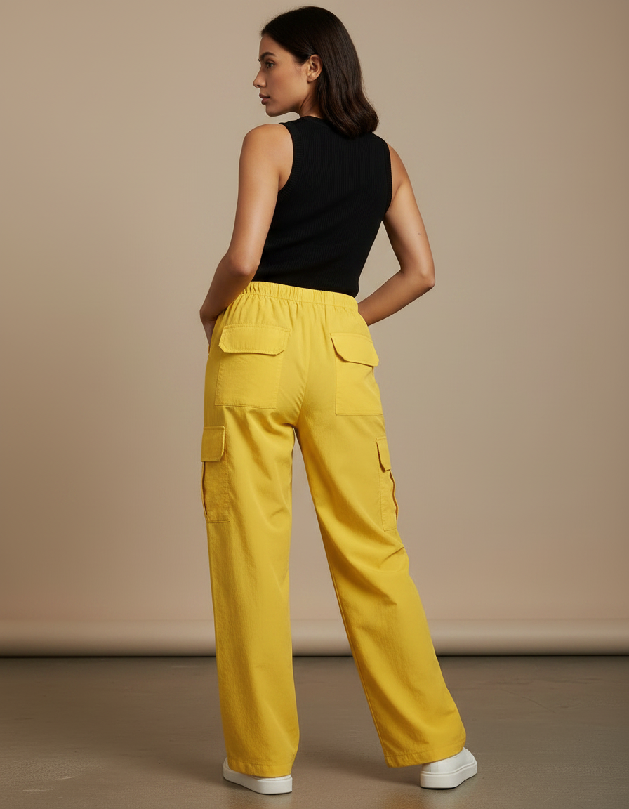Pantalon Fluide Jaune Cargo Ample Décontracté Femme - Polyester - vue 2