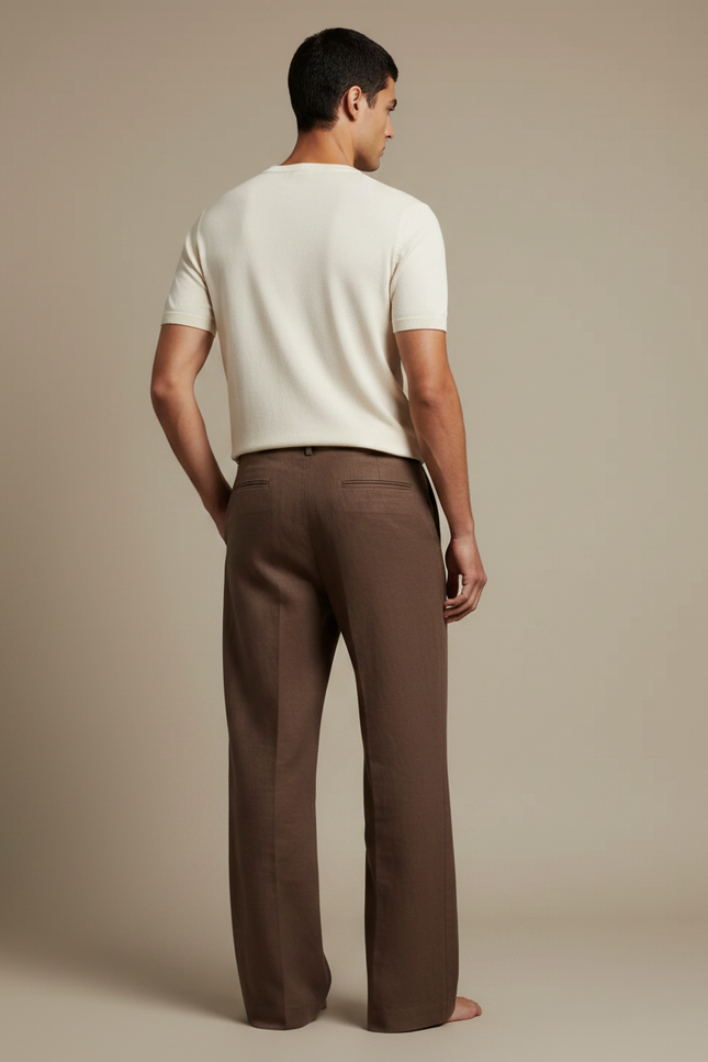 Pantalon Fluide Marron Lin Large Décontracté Homme - vue 2