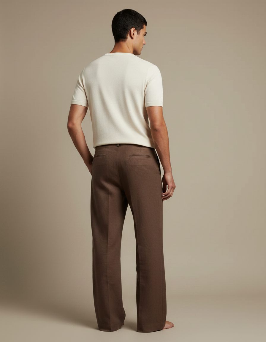 Pantalon Fluide Marron Lin Large Décontracté Homme - vue 2