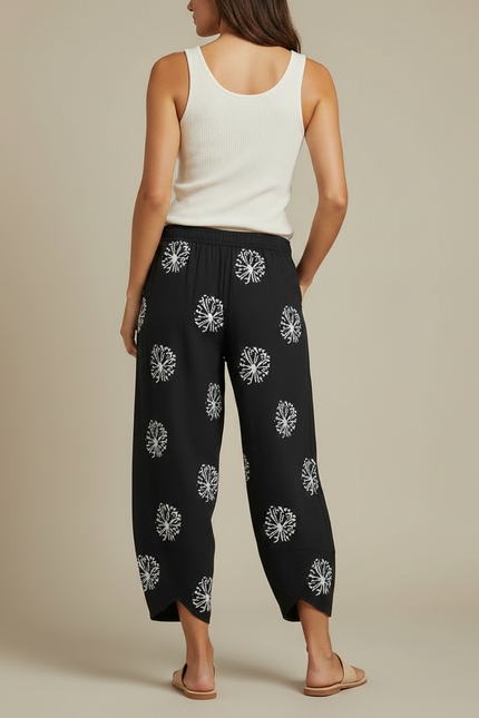 Pantalon Fluide Noir Ample Motif Floral Décontracté Femme - Viscose - vue 2