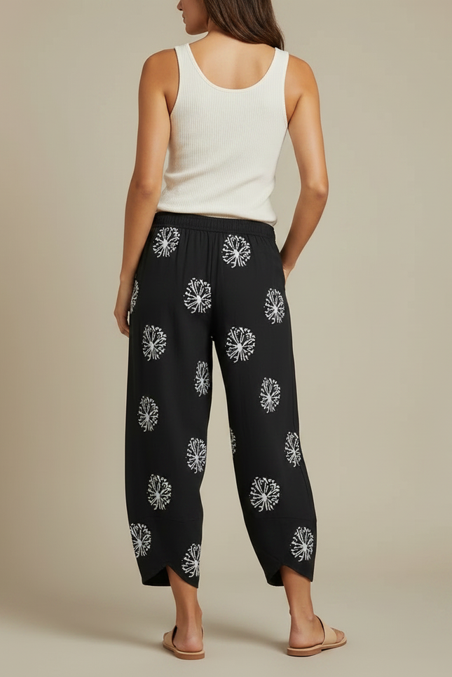 Pantalon Fluide Noir Ample Motif Floral Décontracté Femme - Viscose - vue 2