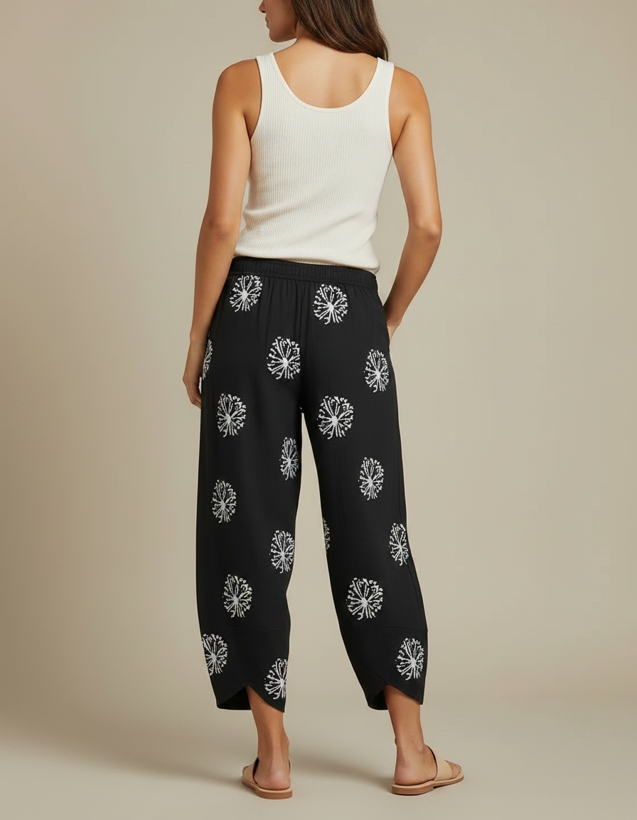 Pantalon Fluide Noir Ample Motif Floral Décontracté Femme - Viscose - vue 2