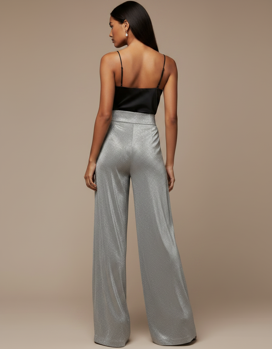 Pantalon Fluide Scintillant Argenté Ample Élégant - Polyester - vue 2