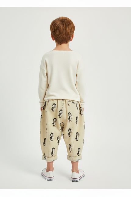 Pantalon Fluide Beige Coton Ample Motif Pingouin Enfant - vue 2