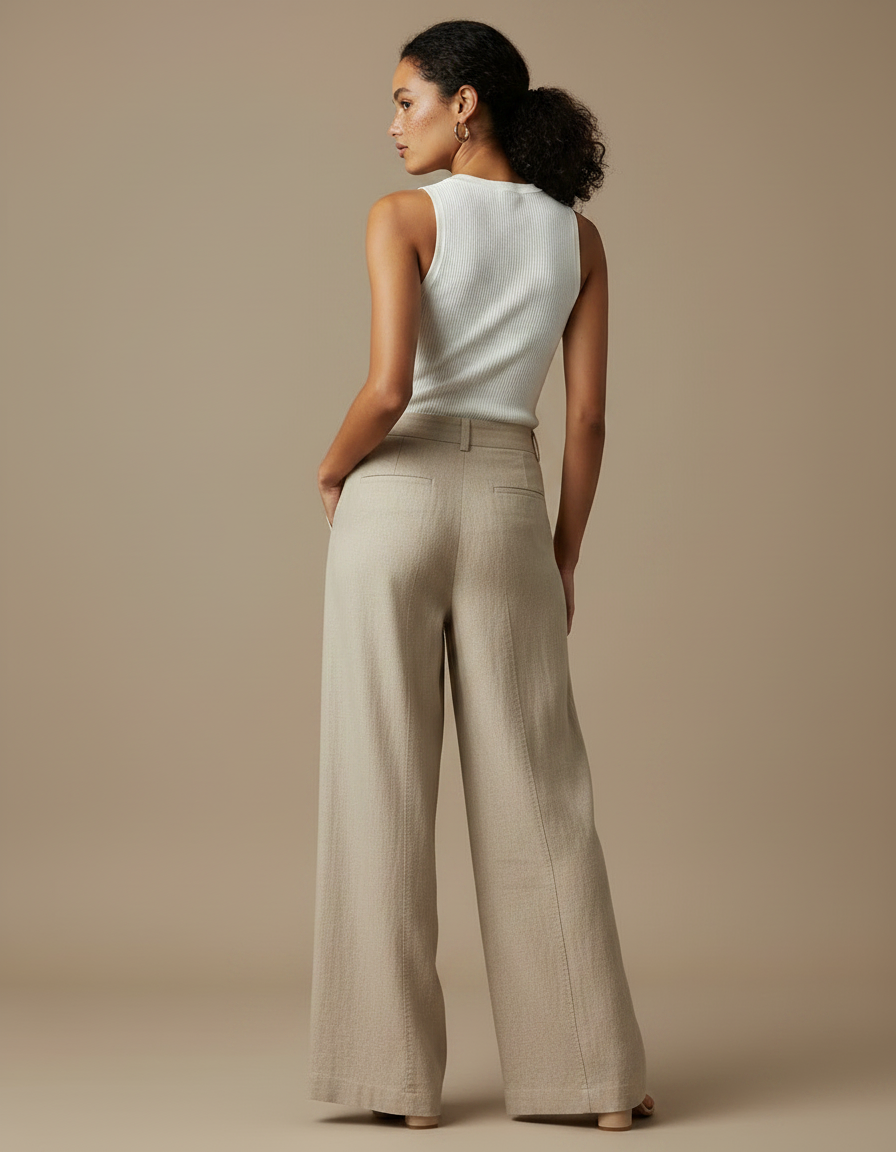 Pantalon Fluide Beige Large Lin Décontracté Élégant - vue 2