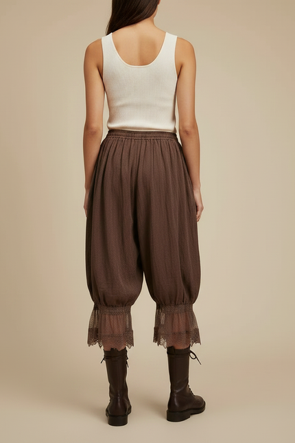 Pantalon Fluide Marron Ample Dentelle Coton Bohème - Lin - vue 2