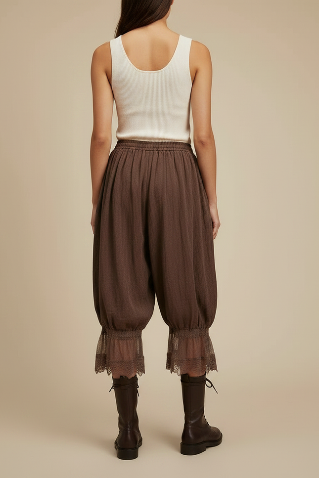 Pantalon Fluide Marron Ample Dentelle Coton Bohème - Lin - vue 2