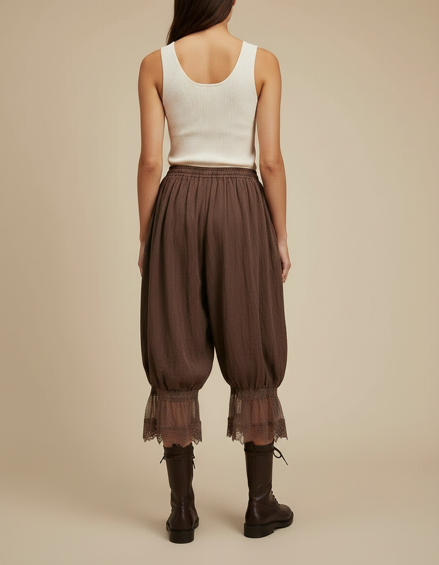 Pantalon Fluide Marron Ample Dentelle Coton Bohème - Lin - vue 2