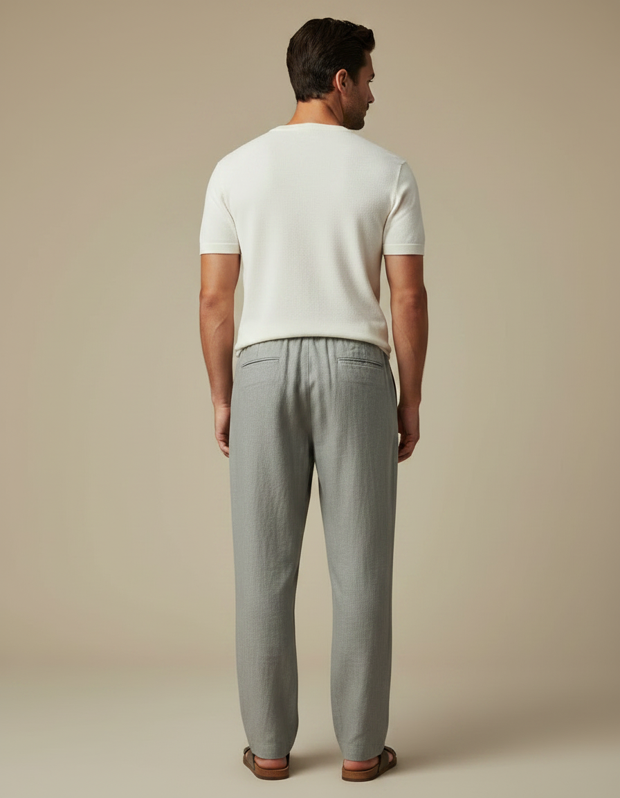 Pantalon Fluide Gris Cordon Coton Lin Ample Décontracté Homme - vue 2