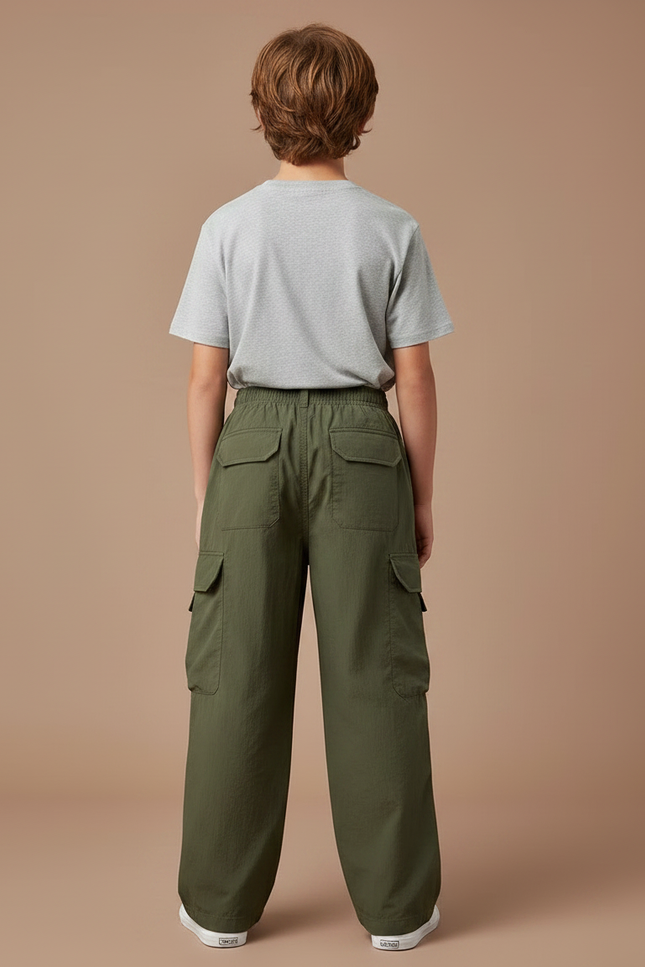 Pantalon Fluide Vert Militaire Ample Coton Garçon - Kaki - vue 2