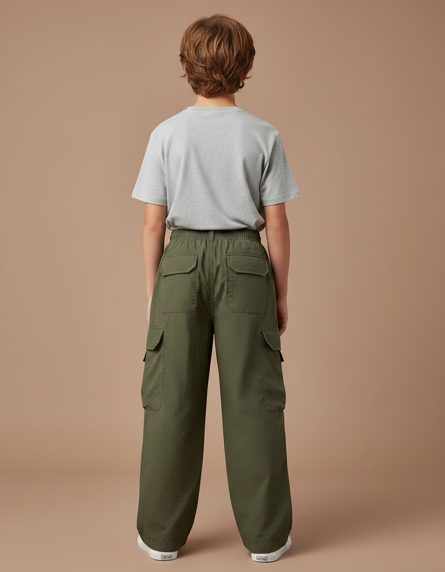 Pantalon Fluide Vert Militaire Ample Coton Garçon - Kaki - vue 2